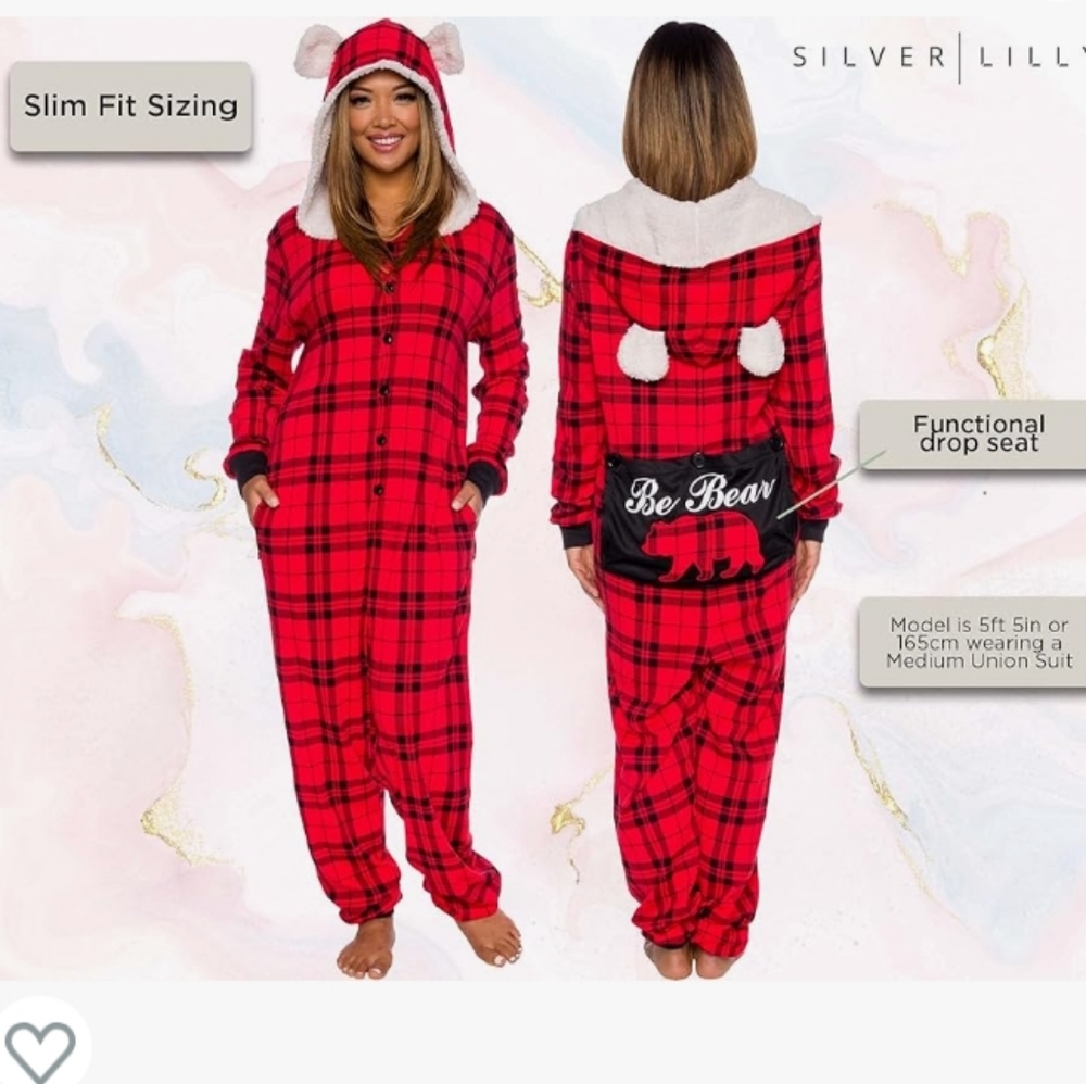 Silver Lilly One Piece Flapjack Hooded Bear Pajama Suit Buffalo Plaid Small